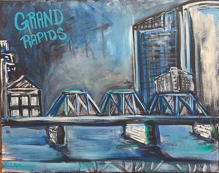 Painting of downtown Grand Rapids overlooking the river by Ryan Crawley, titled "Grand Rapids X"